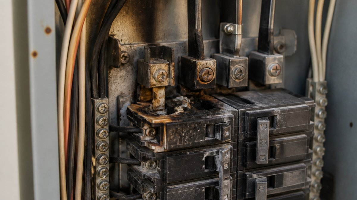Close-up of electrical panel showing visible scorch marks, discoloration, and burn damage around breaker switches and corroded metal connections